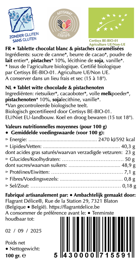 ​Tablette choc. blanc & pistaches caramélisées