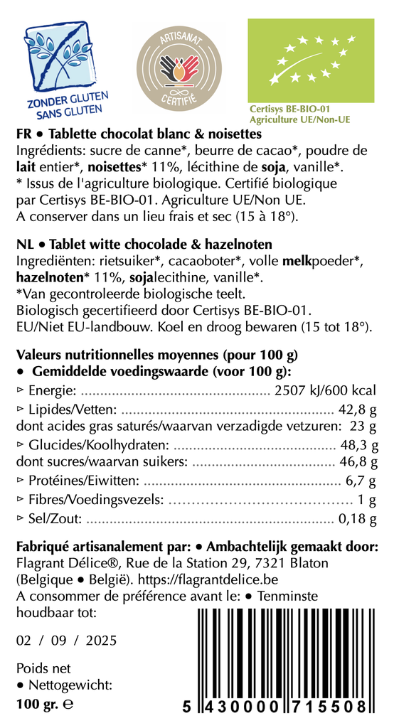 ​Tablette choc. blanc & éclats de noisettes