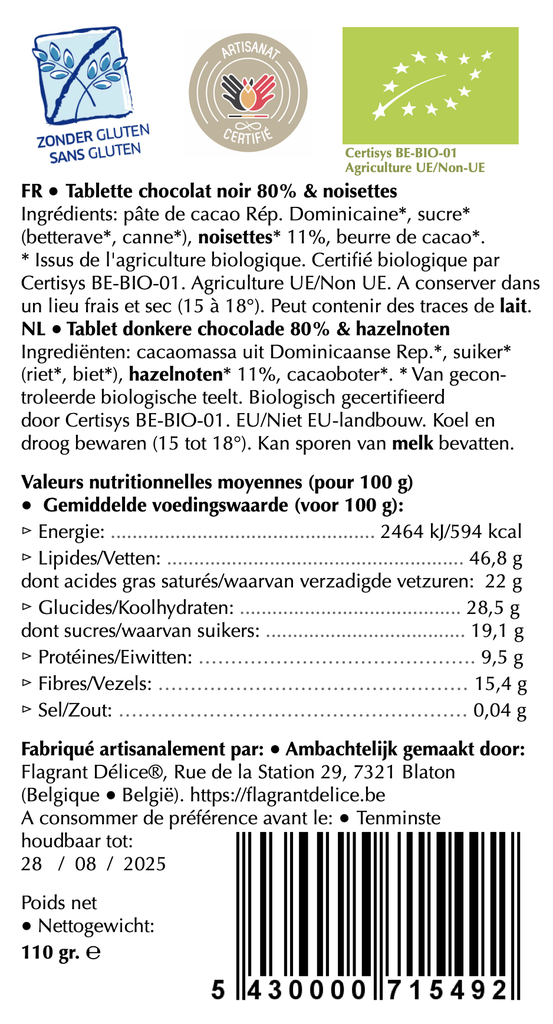 ​Tablette choc. noir & éclats de noisettes