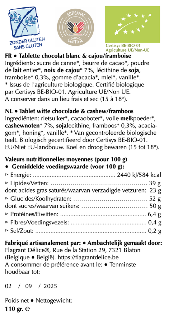 Tablette choc. blanc & noix de cajou/framboise