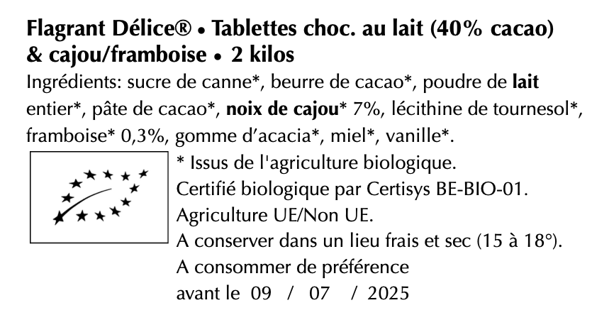 Tablettes choc. lait & noix de cajou/framboise - Vrac