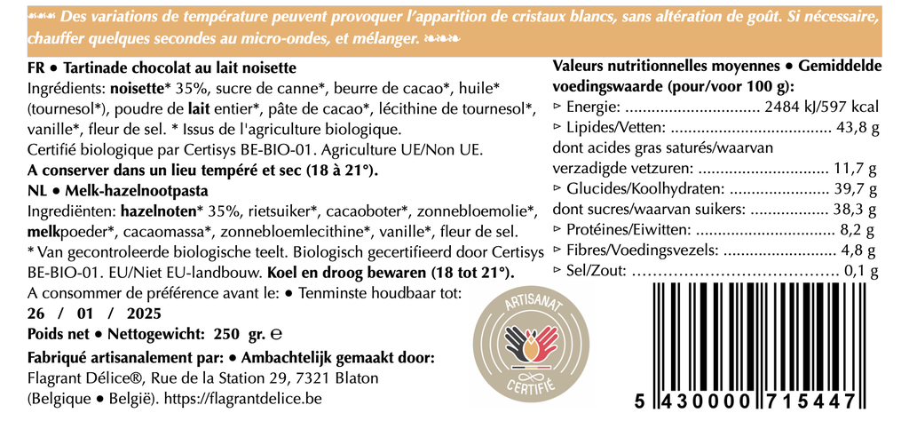 Tartinade choc. lait & noisette - Vrac