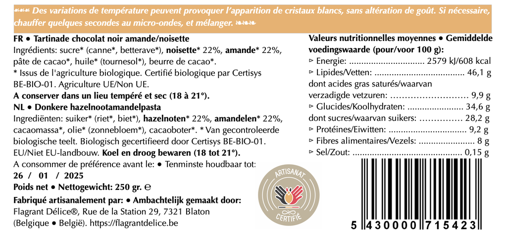 Tartinade choc. noir & amande/noisette - Vrac