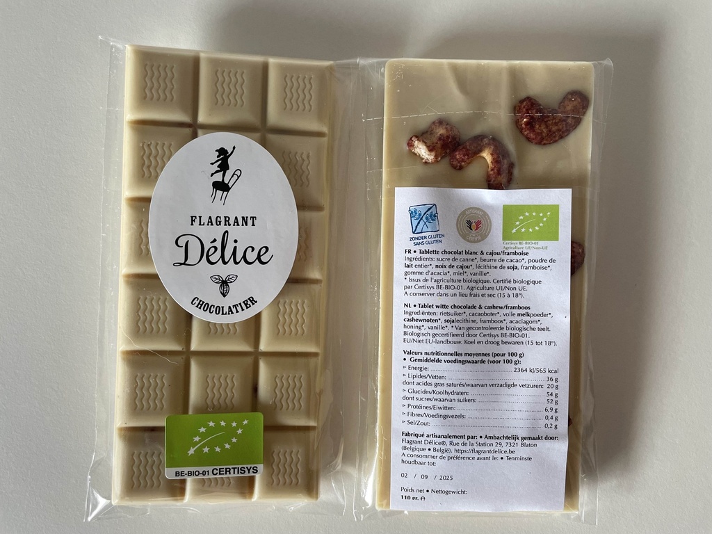 Tablette choc. blanc & noix de cajou/framboise
